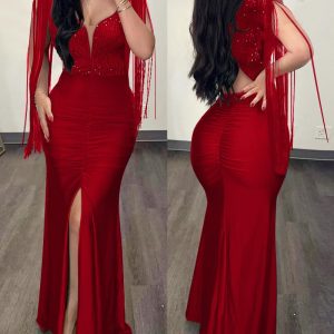 Contrast Sequin Ruched Slit Evening Dress, Evening Dresses, chicme - Women's Fashion Online