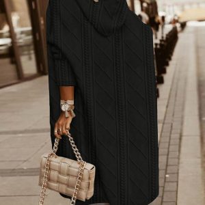 Cable Textured Hooded Longline Coat, Jackets & Coats, chicme - Women's Fashion Online