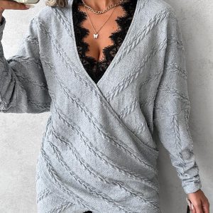Lace Trim Overlap Textured Top, T-shirt & Tees, chicme - Women's Fashion Online