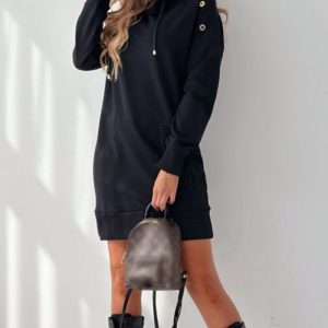 Eyelet Pocket Design Drawstring Hooded Sweatshirt Dress, Casual Dresses, chicme - Women's Fashion Online