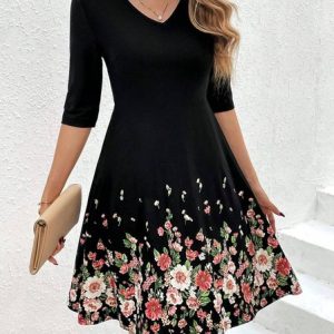 Women Floral V Neck Half Sleeve Comfy Casual Short Dress, Dresses, color:Black|size:XXL, Noracora