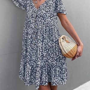 Women Small Floral V Neck Short Sleeve Comfy Casual Short Dress, Vacation Dresses, color:Purplish blue|size:XL, Noracora