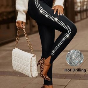 Casual Plain Hot Drilling Long Leggings, Leggings, color:Black|size:XXL, Noracora