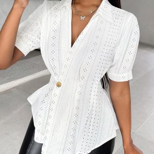 Buttoned Eyelet Embroidery Short Sleeve Top, Blouses & Shirts, chicme - Women's Fashion Online
