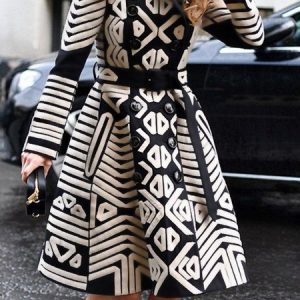 Geometric Shawl Collar Urban Trench Coat With Belt, Trench Coats, color:Black-white|size:XXL, Stylewe