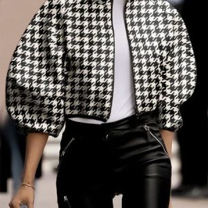 Urban Stand Collar Loose Houndstooth Jacket, Jackets, color:Black-white|size:XXL, Stylewe