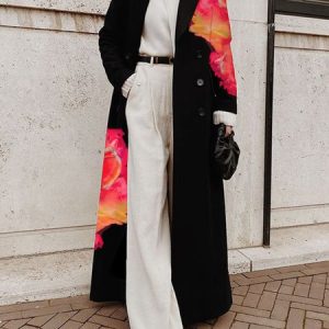 Long Sleeve Regular Fit Floral Urban Lapel Collar Coat, Coats, color:Black|size:XXL, Stylewe