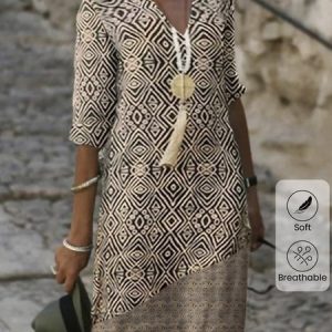 Women Ethnic V Neck Half Sleeve Comfy Casual Midi Dress, Dresses, color:Khaki|size:XXL, Noracora