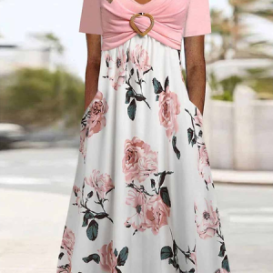 Women Floral V Neck Short Sleeve Comfy Casual Midi Dress, Vacation Dresses, color:Pink|size:XXL, Noracora