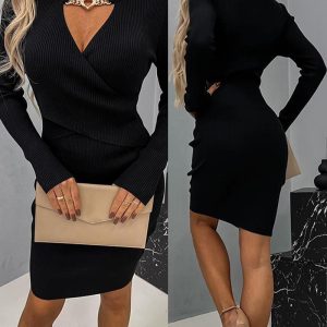 Heart Chain Decor Knit Sweater Dress, Long Sleeves Dresses, chicme - Women's Fashion Online