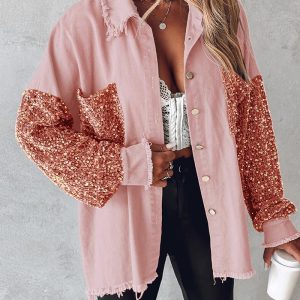 Contrast Sequin Raw Hem Shacket, Jackets & Coats, chicme - Women's Fashion Online