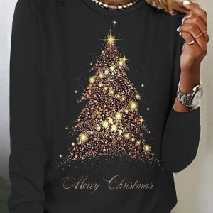 Casual Christmas Crew Neck Long Sleeve T-shirt, T-shirts, color:Black|size:XXL, Noracora