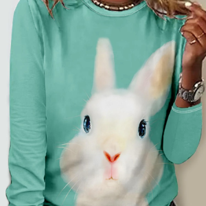 Casual Crew Neck Regular Fit Easter Long Sleeve Shirt, Blouses, Lilicloth.com