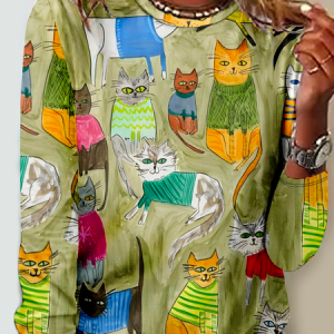 Funny Cat Casual Crew Neck Regular Fit Long Sleeve Shirt, Long sleeves, Lilicloth.com