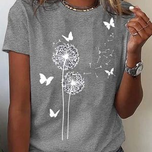 Floral Jersey Crew Neck Loose Casual T-shirt, T-shirts, color:Gray|size:3XL, Noracora