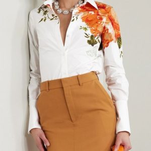 Urban Daily Regular Fit Floral Shirt Collar Blouse, Blouses and Shirts, color:White|size:XXL, Stylewe