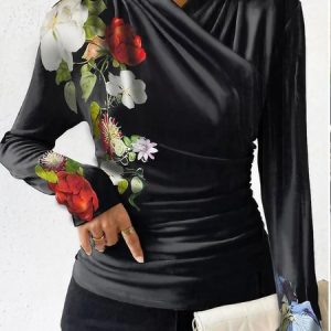 Regular Fit V Neck Floral Ruched Urban Shirt, Blouses and Shirts, color:Black|size:XXL, Stylewe