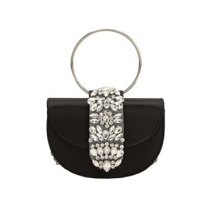 Sparkling Rhinestone Party Satin Clutch Bag Metal Ring Handbag with Chain Strap, Bags, color:Black|size:One-size, Stylewe