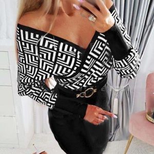 Geometric Print Long Sleeve Wrap Dress, Work Dresses, chicme - Women's Fashion Online