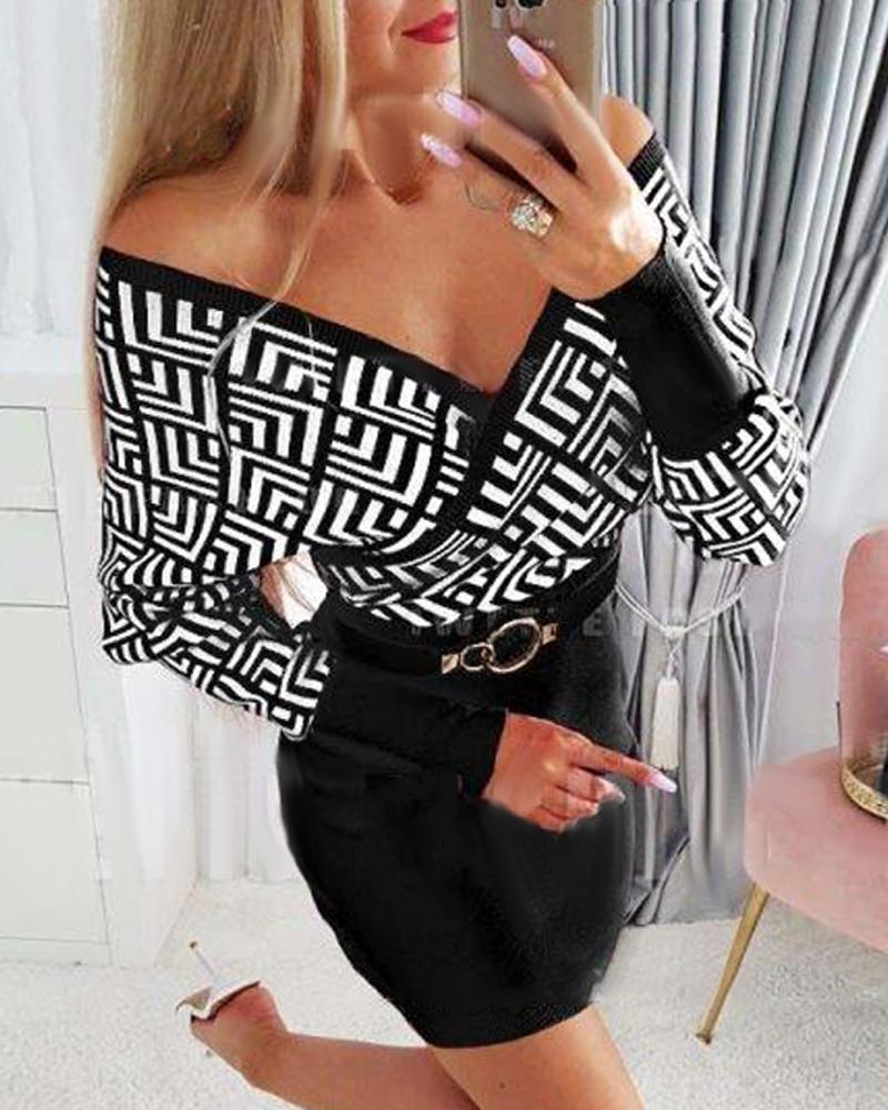 Geometric Print Long Sleeve Wrap Dress, Work Dresses, chicme - Women's Fashion Online