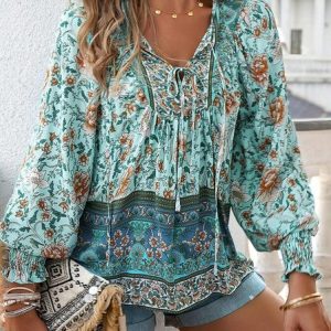 V Neck Long Sleeve Ethnic Regular Loose Shirt For Women, Blouses, color:Pink|size:XXL, Noracora