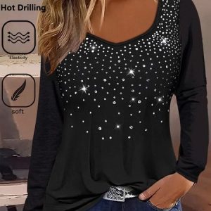 Casual Plain Sweetheart Neckline Long Sleeve T-shirt, T-shirts, color:Black|size:XXL, catalog Noracora shop
