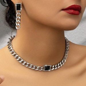 2pcs/set Chain Necklace Rhinestone Dangle Earrings Punk Jewelry Set, Necklaces, color:Silver|size:One-size, Stylewe