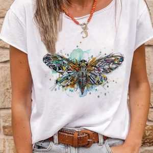 Vintage Short Sleeve Crew Neck Cicada Printed Plus Size Casual Tops, T-shirts, color:White|size:3XL, Noracora