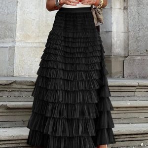 Casual Plain H-Line Natural Maxi Skirt, Skirts, color:Black|size:XL, Noracora