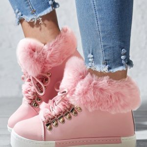 Casual Plain Wearable Lace-Up Flat Heel Snow Boots Split Joint, Boots, color:Pink|size:35, Noracora