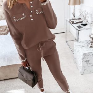 Round Neck Beaded Top & Drawstring Pants Set, Two-piece Sets, chicme - Women's Fashion Online
