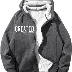 Men's Created With A Purpose Belief Positive Energy Text Letters Graphic Print Hoodie Zip Up Sweatshirt Warm Jacket With Fifties Fleece, Hoodies&Sweatshirts, Lilicloth.com