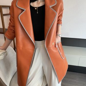 Long Sleeve Pu Urban Lapel Collar Faux Leather Coat, Jackets, color:Orange|size:XXL, Stylewe