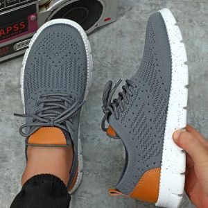 Sports Plain Breathable Lace-Up Flat Heel Fly Woven Shoes, Sneakers&Athletic, color:Gray|size:44, Noracora