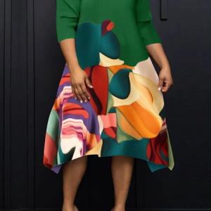 Vacation Abstract Crew Neck Short Sleeve Loose Short Dress, Midi Dresses, color:Green|size:XXL, Stylewe