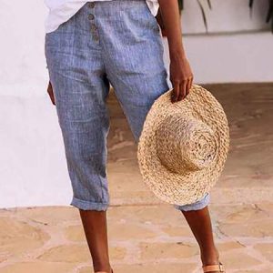 Casual Cotton Linen Straight Capri Pant, Pants, color:Gray blue|size:3XL, Noracora
