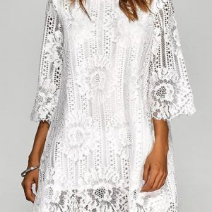 Women Floral Long Sleeve Comfy Casual Lace Short Dress, Dresses, color:White|size:5XL, Noracora