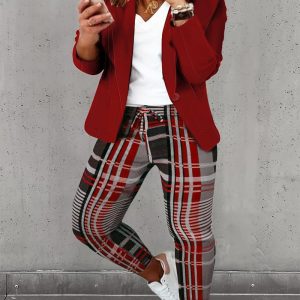 Plus Size Plaid Print Blazer Coat & Drawstring Pants Set, Two Piece Sets(plus), chicme - Women's Fashion Online