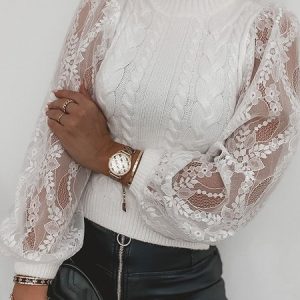 Women Lace Plain Long Sleeve Comfy Casual Lace Sweater, Sweaters, color:White|size:XL, Noracora
