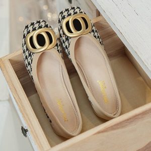 Elegant Metal Decor Houndstooth Square Toe Low Heel Shallow Shoes, Heels, color:Apricot|size:43, Stylewe