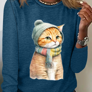 Crew Neck Long Sleeve Cat Regular Micro-Elasticity Regular Fit Shirt For Women, Blouses, color:Blue|size:3XL, Noracora