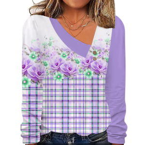 Casual Plaid V Neck Long Sleeve T-shirt, T-shirts, color:Purple|size:5XL, Noracora