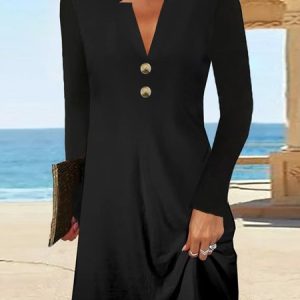 Women Plain V Neck Long Sleeve Comfy Casual Midi Dress, Midi, color:Black|size:XXL, catalog Noracora shop