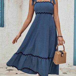 Women Color Block Spaghetti Gallus Comfy Casual Midi Dress, Dresses, color:Blue|size:XL, Noracora