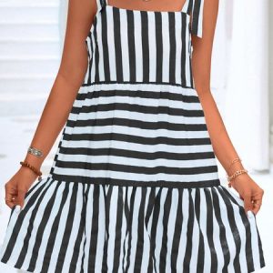 Women Striped Spaghetti Gallus Comfy Casual Short Dress, Vacation Dresses, color:Black|size:XL, Noracora