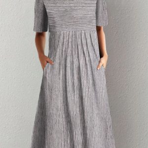 Casual Crew Neck Loose Dress, Midi, color:white-gray|size:XXL, catalog Noracora shop