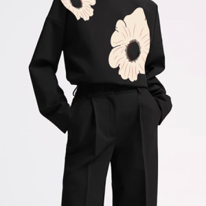 Loose Crew Neck Long Sleeve Floral Urban Shirt, Blouses and Shirts, color:Black|size:XXL, Stylewe