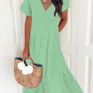 New Women Chic Vintage Boho Hippie Short Sleeve V Neck Plain Casual Dress, Midi, color:Green|size:3XL, catalog Noracora shop
