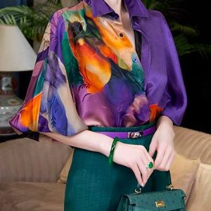Shirt Collar Loose Elegant Floral Blouse, Blouses and Shirts, color:Purple|size:XXL, Stylewe