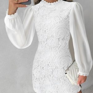 Chiffon Lace Patch Long Sleeve Casual Dress, Casual Dresses, chicme - Women's Fashion Online